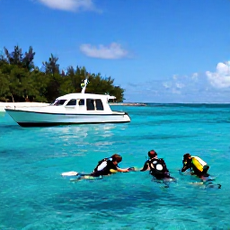 Caribbean Holidays, December Diving, Small Caribbean dive boat beside a sunny tropical island, with scuba divers preparing to enter calm turquoise water