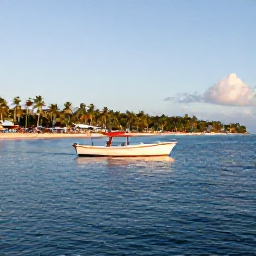 Caribbean Holidays, December Diving, Small dive boat crossing calm blue water near a palm-fringed Dominican Republic coastline on a sunny December morning