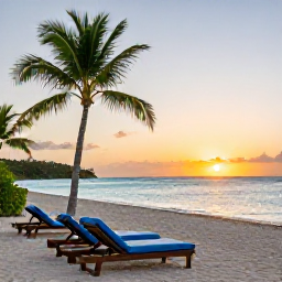 Caribbean Holidays, December Escapes, Adults-only beachfront resort in Saint Kitts at sunset, calm turquoise sea, palm trees and comfortable loungers