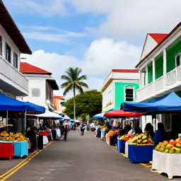 Caribbean Holidays, December Escapes, Colourful Kingstown street scene with local market stalls, tropical fruit and historic Caribbean buildings
