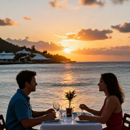 Caribbean Holidays, December Escapes, Couple enjoying a sunset dinner at a waterfront restaurant in Grand Case, Saint Martin, with Caribbean sea views and warm evening light