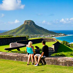 Caribbean Holidays, December Escapes, Couple exploring historic Brimstone Hill Fortress on Saint Kitts with green hills and blue sea in the background