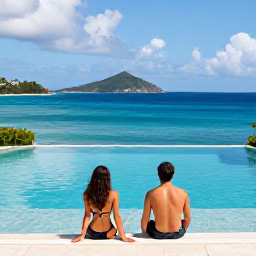 Caribbean Holidays, December Escapes, Couple relaxing beside an adults-only Caribbean resort pool overlooking the sea in Saint Vincent and the Grenadines