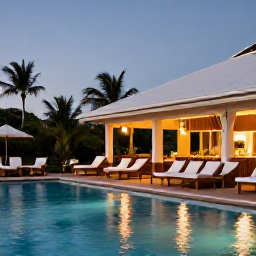 Caribbean Holidays, December Escapes, Elegant adults-only hotel pool and open-air restaurant in Gustavia, Saint Barth&eacute;lemy, warm evening atmosphere