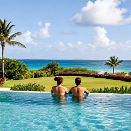 Caribbean Holidays, December Escapes, Relaxed couple by an infinity pool at an adults-only resort in Saint Kitts with tropical gardens and ocean views