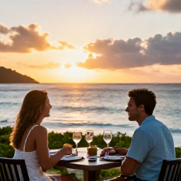 Caribbean Holidays, December Escapes, Romantic Saint Barth&eacute;lemy sunset over the Caribbean Sea, couple dining at an adults-only beachfront restaurant in December