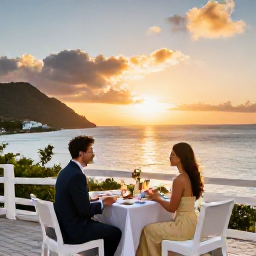 Caribbean Holidays, December Escapes, Romantic sunset dinner for two on a Caribbean terrace overlooking the sea in Saint Vincent and the Grenadines