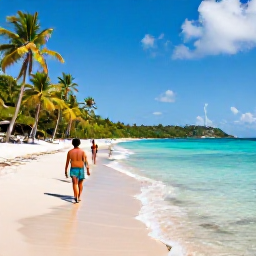 Caribbean Holidays, December Escapes, Sandy Caribbean beach with clear shallow water, palm trees and a couple walking along the shoreline in Saint Vincent and the Grenadines