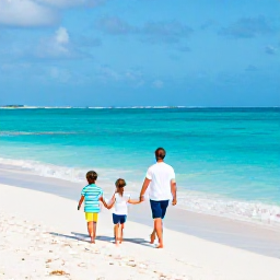 Caribbean Holidays, December Family Holidays, A happy family walking along a bright white beach beside calm turquoise sea in the Turks and Caicos Islands in December