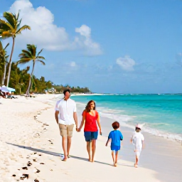 Caribbean Holidays, December Family Holidays, A happy family walking along a sunlit Caribbean beach in December, turquoise sea and palm trees, relaxed holiday atmosphere