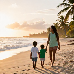 Caribbean Holidays, December Family Holidays, A happy family walking along a warm sandy beach in Trinidad and Tobago at sunset, gentle waves and palm trees