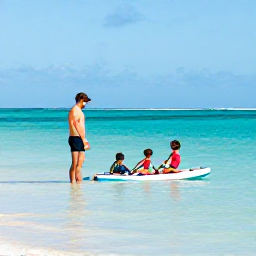 Caribbean Holidays, December Family Holidays, Children paddling and parents relaxing in calm shallow turquoise water on Grace Bay Beach, Turks and Caicos
