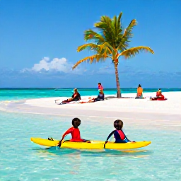 Caribbean Holidays, December Family Holidays, Children paddling in clear shallow Caribbean water beside a sandy beach, parents relaxing under a palm tree, bright December sunshine