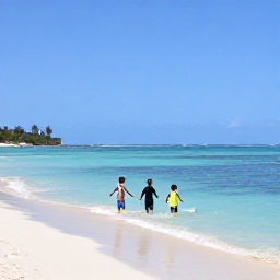 Caribbean Holidays, December Family Holidays, Families enjoying a safe, calm Caribbean beach in Tobago, children paddling in shallow turquoise water