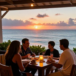 Caribbean Holidays, December Family Holidays, Family dining together at an open-air Caribbean restaurant overlooking the sea at sunset, relaxed and welcoming setting