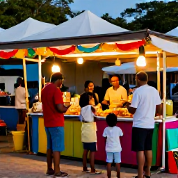 Caribbean Holidays, December Family Holidays, Family enjoying a colourful Caribbean market with local food stalls, music and festive decorations in warm evening light