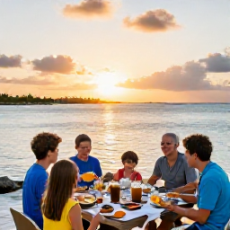Caribbean Holidays, December Family Holidays, Family enjoying a relaxed outdoor meal at a waterfront restaurant in Providenciales, Turks and Caicos, at sunset