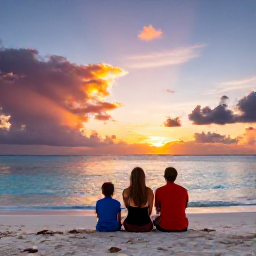Caribbean Holidays, December Family Holidays, Family watching a colourful Caribbean sunset from a beach in the Turks and Caicos Islands in December