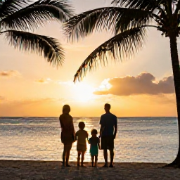 Caribbean Holidays, December Family Holidays, Family watching a golden Caribbean sunset from a beach, palm silhouettes and calm sea, warm relaxed holiday mood