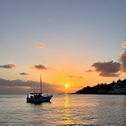 Caribbean Holidays, December Fishing, A colourful Caribbean sunset over Saint Vincent and the Grenadines, with a fishing boat returning towards a quiet harbour