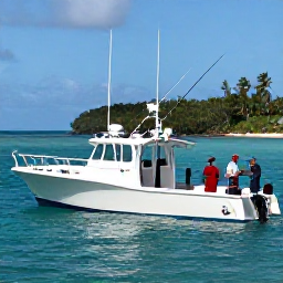 Caribbean Holidays, December Fishing, A comfortable fishing charter boat travelling across calm Bahamian sea with anglers preparing rods and tackle near a tropical island