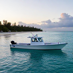 Caribbean Holidays, December Fishing, A flats fishing boat at sunrise in the clear turquoise waters of the Bahamas, with a quiet island shoreline in the background