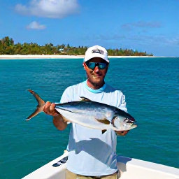 Caribbean Holidays, December Fishing, A friendly local fishing guide helping visitors land a fish aboard a charter boat beside a tropical Caribbean island