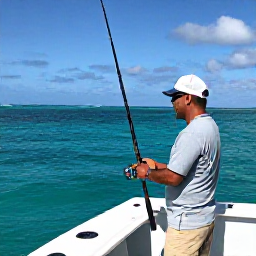 Caribbean Holidays, December Fishing, A friendly local fishing guide preparing rods and tackle on a boat beside a turquoise Turks and Caicos lagoon