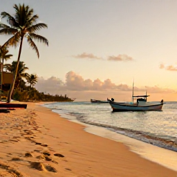 Caribbean Holidays, December Fishing, A peaceful Caribbean beach on a Grenadine island with fishing boats offshore, palm trees and a warm evening sky