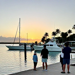 Caribbean Holidays, December Fishing, A relaxed Bahamian marina at sunset with fishing boats, palm trees and anglers returning after a day on the water