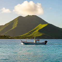 Caribbean Holidays, December Fishing, A small fishing boat cutting across calm turquoise water near Saint Vincent and the Grenadines at sunrise, with green volcanic hills in the background