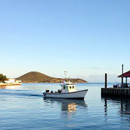 Caribbean Holidays, December Fishing, A small fishing boat leaving a bright Caribbean harbour at sunrise in the United States Virgin Islands, calm blue water and clear December skies
