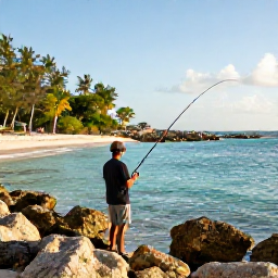 Caribbean Holidays, December Fishing, A visitor fishing from rocky shore near a quiet Saint Barth&eacute;lemy beach, with clear shallow water, tropical vegetation and warm afternoon light