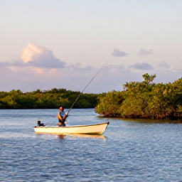 Caribbean Holidays, December Fishing, An angler quietly casting from a skiff across a shallow Bahamian flat, with mangroves and calm blue water under soft morning light