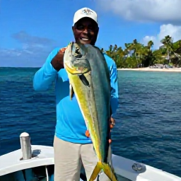 Caribbean Holidays, December Fishing, Angler holding a freshly caught mahi-mahi beside a local fishing boat off Dominica, with vivid blue sea and tropical coastline