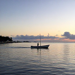 Caribbean Holidays, December Fishing, Angler on a calm Trinidad and Tobago sea at sunrise, fishing boat leaving a tropical harbour
