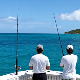 Caribbean Holidays, December Fishing, Anglers enjoying a deep-sea fishing trip near St Thomas, United States Virgin Islands, with fishing rods and open turquoise ocean under a sunny sky