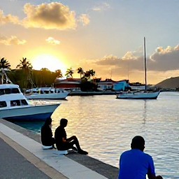 Caribbean Holidays, December Fishing, Anglers enjoying a relaxed afternoon at a colourful Caribbean waterfront in Saint Martin, with boats, palm trees and a golden December sunset