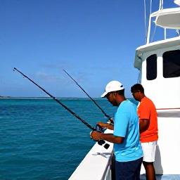 Caribbean Holidays, December Fishing, Anglers on a modern charter boat preparing fishing rods and tackle in clear blue Caribbean water around the Grenadine islands