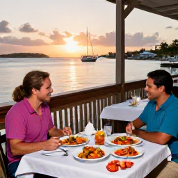 Caribbean Holidays, December Fishing, Freshly prepared Caribbean seafood and a small fishing catch served at an outdoor restaurant overlooking Gustavia harbour at sunset