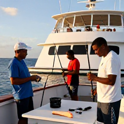 Caribbean Holidays, December Fishing, Friendly fishing guides and holidaymakers on a modern charter boat near Sint Maarten, handling rods and preparing fresh bait in warm Caribbean sunshine