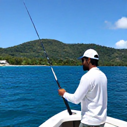 Caribbean Holidays, December Fishing, Friendly local fishing guide preparing rods on a boat in a sheltered bay in Dominica, with lush green hills in the background
