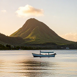 Caribbean Holidays, December Fishing, Small fishing boat on calm Caribbean water near Dominica at sunrise, with green volcanic hills and a warm December sky