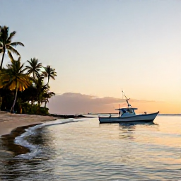 Caribbean Holidays, December Fishing, Tobago coastline at golden hour with a fishing boat, palm trees and peaceful Caribbean scenery