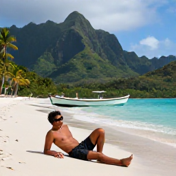 Caribbean Holidays, December Fishing, Traveller relaxing after a fishing trip on a sandy Dominica beach, with fishing boat offshore, palm trees and lush rainforest-covered mountains