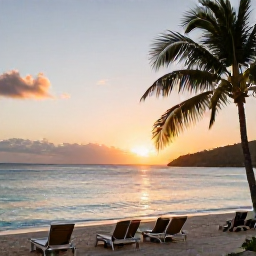Caribbean Holidays, December Getaways, Adults-only beachfront resort in the United States Virgin Islands at sunset in December, calm turquoise sea and palm trees