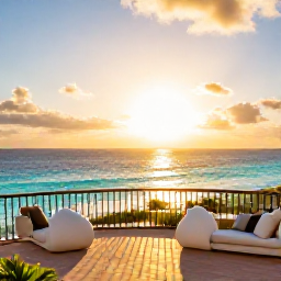 Caribbean Holidays, December Getaways, Adults-only resort terrace overlooking a calm turquoise Caribbean sea in Cura&ccedil;ao at sunset, December sunshine