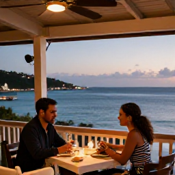 Caribbean Holidays, December Getaways, Couple dining at an open-air Caribbean restaurant overlooking the sea in St John during a warm December evening