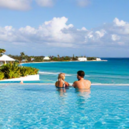 Caribbean Holidays, December Getaways, Couple relaxing beside an infinity pool at an adults-only Caribbean resort in St Thomas, bright December sunshine