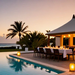 Caribbean Holidays, December Getaways, Elegant adults-only resort dinner beside a pool in Cura&ccedil;ao, with lanterns, tropical plants and a warm evening sky